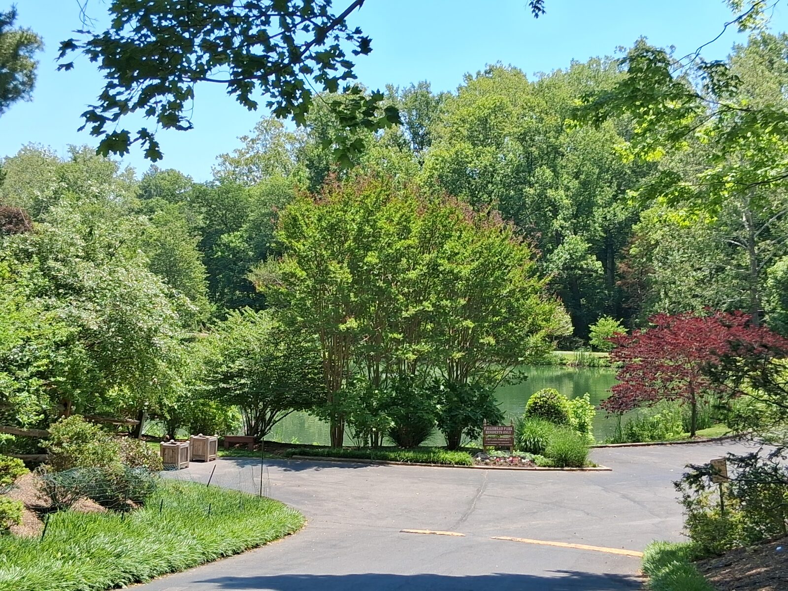Wooded pond and landscaped grounds at Fallsmead's private community park