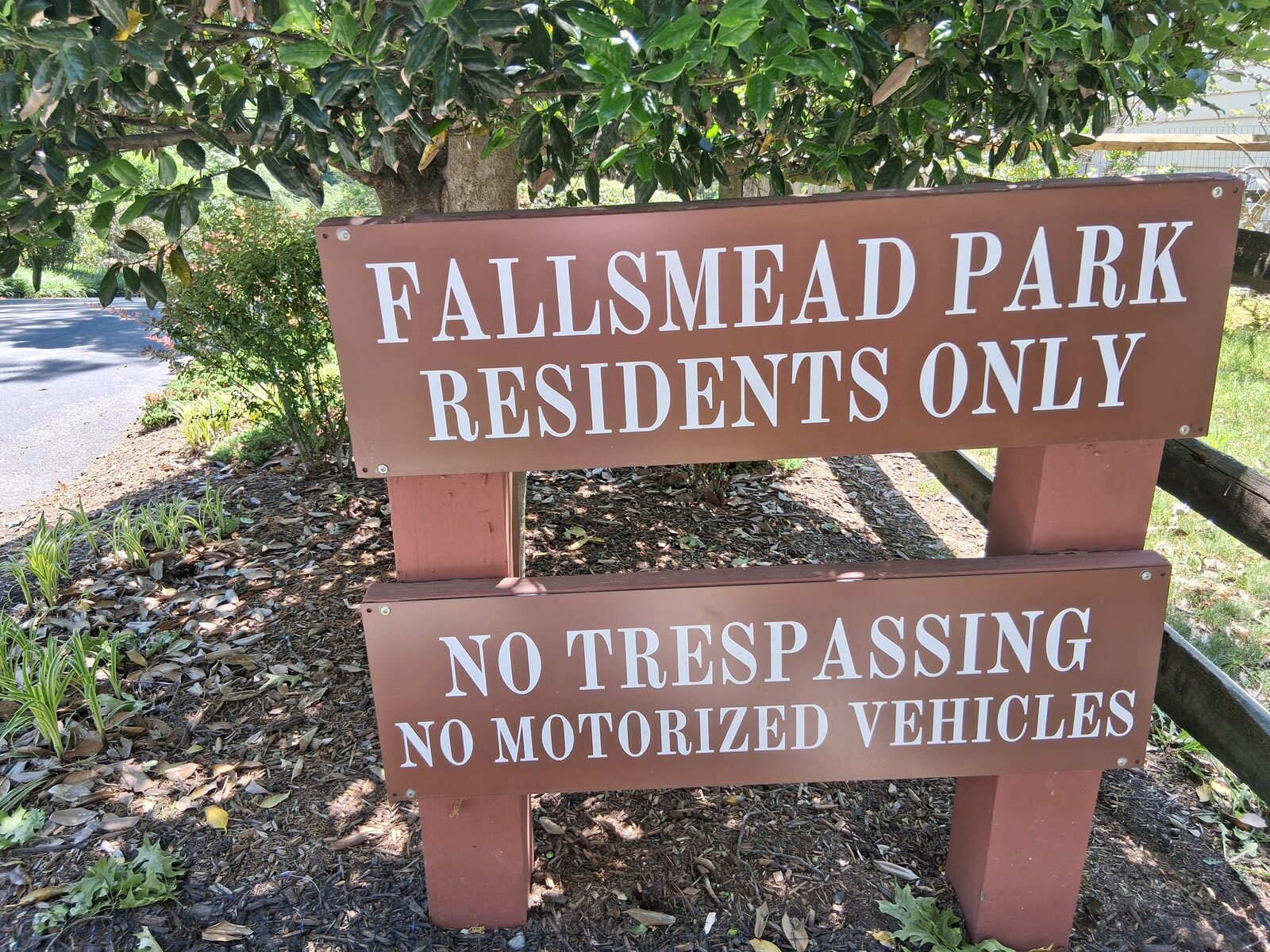 "Fallsmead Park - Residents Only" sign at the neighborhood's private park